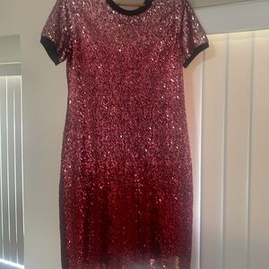 DKNY Women's Red Ombre Short Sleeve Sequined T-Shirt Dress